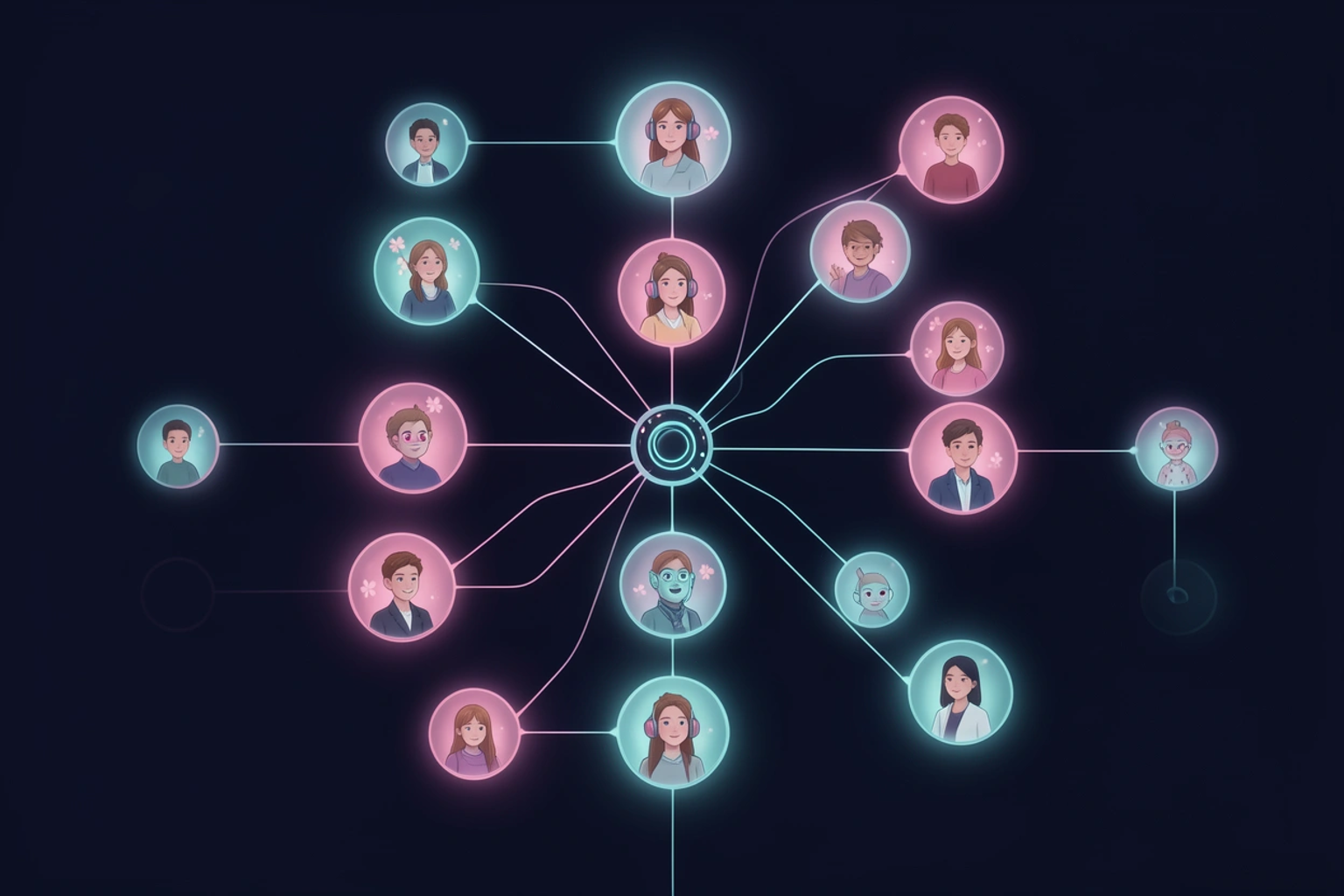 A Slack-style sidebar of channels, each glowing with a distinct agent persona, branching from a single bot core