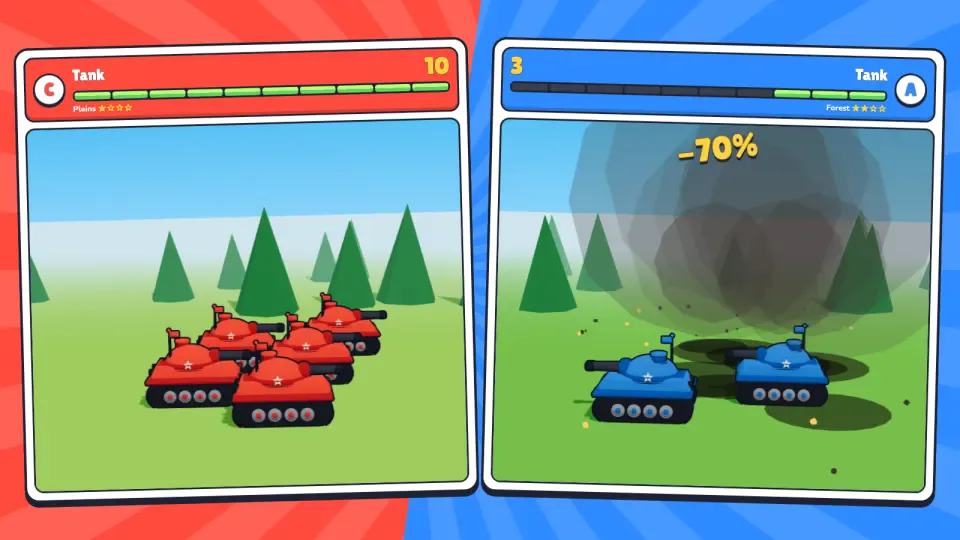 A Tiny Tactics battle cutscene — a squad of red toy tanks firing on blue tanks in a forest, with each side's HP bar and a −70% damage readout