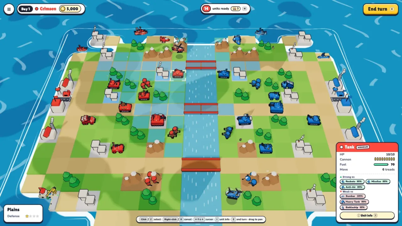 A Tiny Tactics match in progress — red and blue toy armies facing each other across a river on a 3D island diorama, with the unit info card open