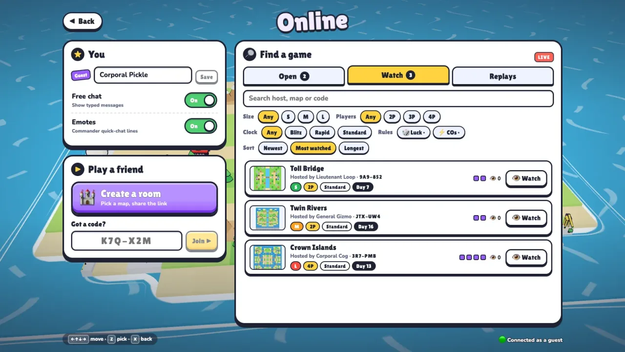 The Tiny Tactics online hub — create a room, join by code, and a public list of live games to watch, filterable by size, players and clock
